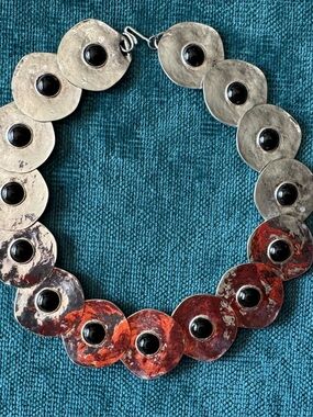 Handcrafted Silver Disc Necklace with Black Onyx Stone Accents